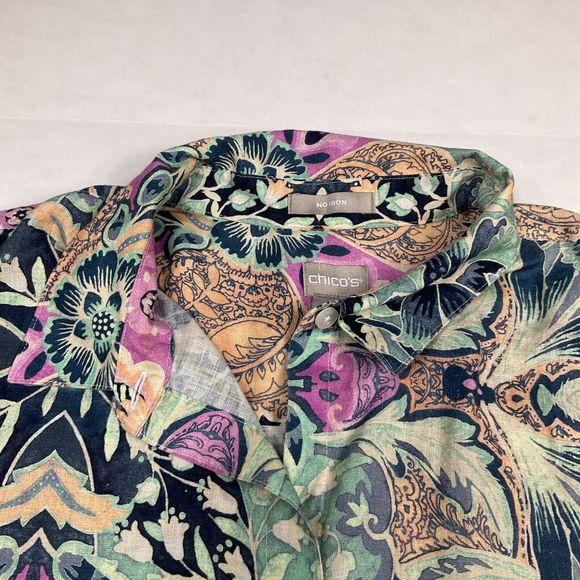 Chicos Linen Button Shirt Floral No Iron 3/4 Sleeve Casual Work Top 1 Medium - Picture 4 of 12